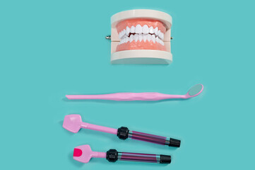 Dentistry concept. Model of human teeth and tools using in dentistry practice on a blue background.