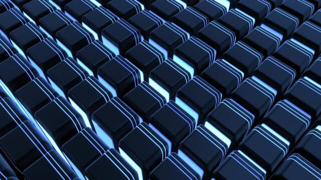 4r loop dark background with abstract blocks on plane like devices with screen lighting with blue neon light. Bg for festive show or holiday events, concerts, music videos, VJ for night clubs.