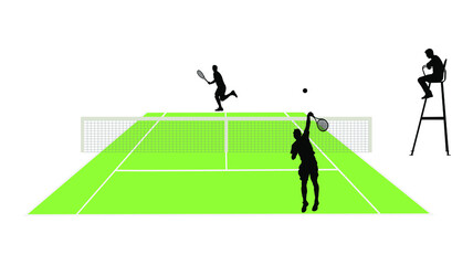 Man tennis players vector silhouette illustration isolated on white background. Tennis match duel with judge on court.Sport competition. Sportsman recreation after work, anti stress therapy.
