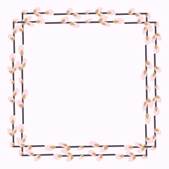 square frame made of willow twigs. Square Easter Frame.Vector flat illustration isolated on a white background. Design for invitations, postcards, printing.
