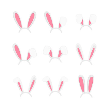 Easter bunny ears mask set. Cute rabbit ears for spring time celebration isolated on white background. Collection of elements for hare costume. Vector cartoon illustration.