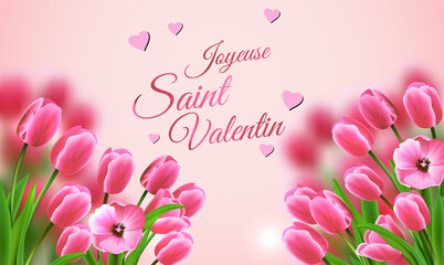 carte ou bandeau sur Joyeuse Saint Valentin en rose avec deux bouquets de tulipes rose sur un fond rose saumon avec des coeurs rose
