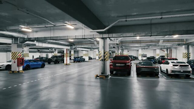 Underground parking with cars, time lapse. Underground parking with quickly cars coming. Many cars in parking garage. An underground parking garage filled with vehicles. 3d visualization