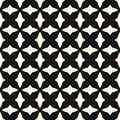 Black and white geometric seamless pattern with small curved shapes, diamonds, crosses, grid, mesh, lattice. Simple monochrome background. Gothic style texture. Repeated design for decor, print, cover