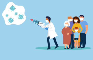 The doctor protects the people, the family from the coronovirus. The concept of getting rid of the global pandemic. The vaccine saves humanity. Immunity against the disease. Vector graphics