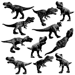 A large set with silhouettes of dynamo-doseworming tyrannosaur. Templates for designers. illustration.