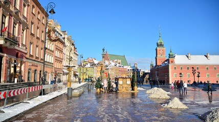 Old town is the historic center of city. Snow day. Winter, architecture concept.