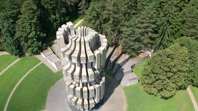 Mrakovica, Bosnia and Herzegovina - July 15, 2019. Concrete monument to the revolution to World War II - Kozara - aerial side view