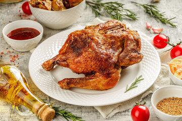 Tasty grilled fried roast chicken Tabaka in a white plate on concrete table with wegetables and spices