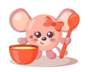 Funny cute kawaii mouse with round body, spoon and bowl in flat design with shadows. Isolated animal vector illustration