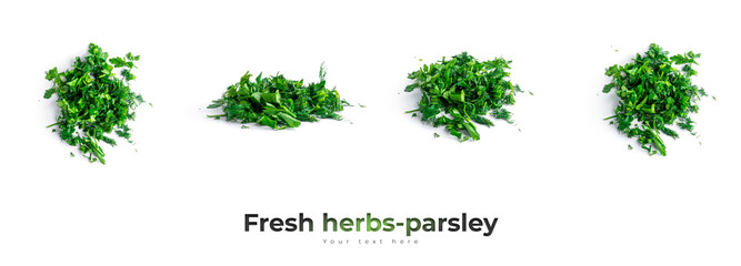 Fresh herbs-parsley, dill, onion isolated on a white background.