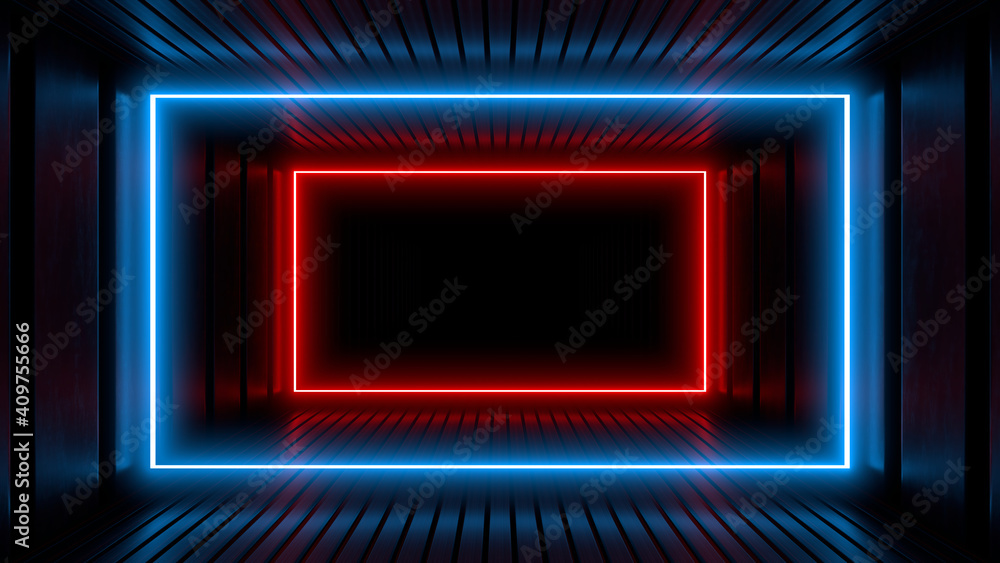 Poster sci fy neon lamps in a dark tunnel. reflections on the floor and walls. 3d rendering image.