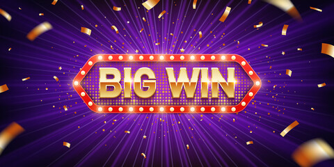 Big win. Retro big win congratulation banner with glowing light bulbs and golden confetti on a burst purple background. Winners of poker, jackpot, roulette, cards or lottery. - obrazy, fototapety, plakaty