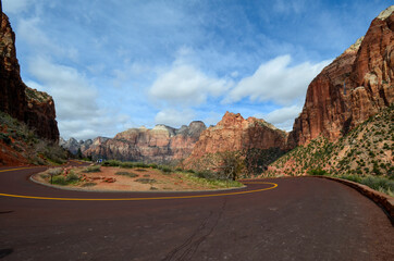 Sharp turn Asphalt Road, in Zion National park 