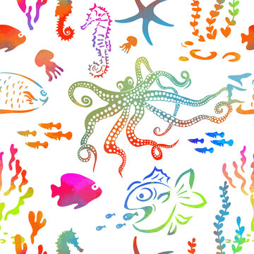 Marine animals seamless pattern. Vector illustration