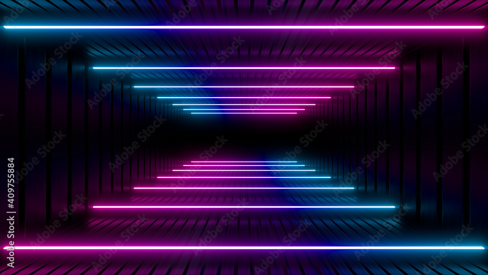 Poster sci fy neon lamps in a dark tunnel. reflections on the floor and walls. 3d rendering image.