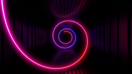 Sci Fy neon lamps in a dark tunnel. Reflections on the floor and walls. 3d rendering image.