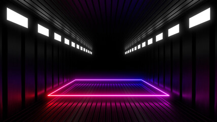 Sci Fy neon lamps in a dark tunnel. Reflections on the floor and walls. 3d rendering image.