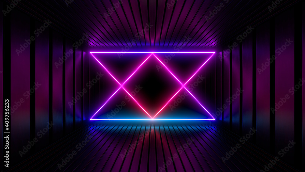 Poster sci fy neon lamps in a dark tunnel. reflections on the floor and walls. 3d rendering image.