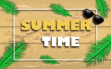hello summer illustration with hello summer text decoration and coconut trees, palm leaves, sun glasses. summer element template.  vector illustration 