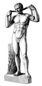 The Diadumenos ("diadem-bearer") - Ancient Greek sculpture. Illustration of the 19th century. Germany. White background.