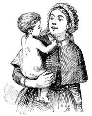 How to carry the child. Illustration of the 19th century. Germany. White background.