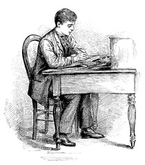 The desk is at the right height. Healthy posture. Illustration of the 19th century. Germany. White background.