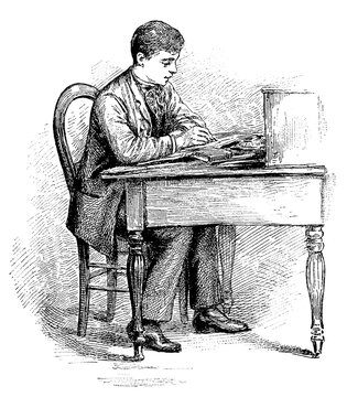 The desk is at the right height. Healthy posture. Illustration of the 19th century. Germany. White background.