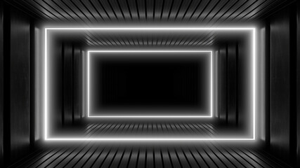 A dark corridor lit by white neon lights. Reflections on the floor and walls. 3d rendering image.