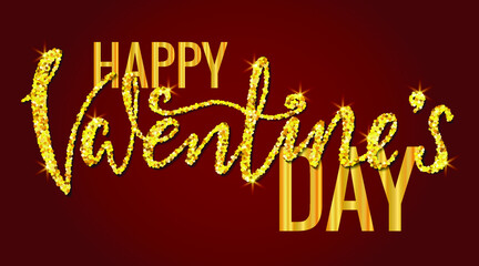 Happy Valentine’s Day hand drawn art brush text. Golden glitter shiny on red background. Holiday greeting card inscription design, calligraphy modern lettering. Invitation,banner,print, poster, badge