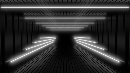 Naklejka premium A dark corridor lit by white neon lights. Reflections on the floor and walls. 3d rendering image.