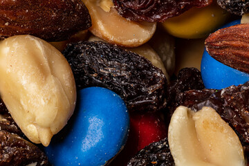 sweet and savory trail mix ready to eat.  Macro framing.