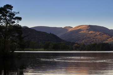 Flat lake with forest and mountains in the background at sunset