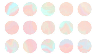 Set of tender pastel orange, coral and teal round shapes hologram background. Holographic vibrant colors circles templates for software, ui design, web, apps wallpaper, banner