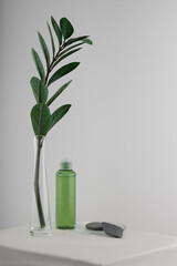 composition of a green branch of a plant and a green lotion for relaxation