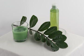 composition of a green branch of a plant and a green lotion for relaxation