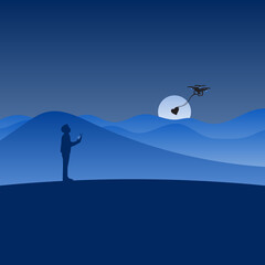 man using drone to send heart shape to his lover in Valentine's day in the blue background shade illustration vector.
