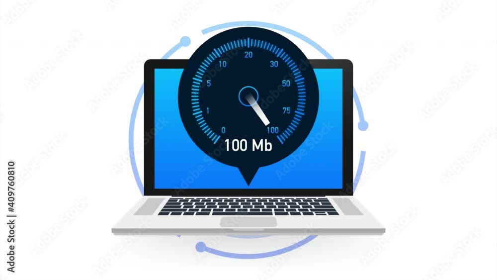 Poster speed test on laptop. speedometer internet speed 100 mb. website speed loading time. illustration.