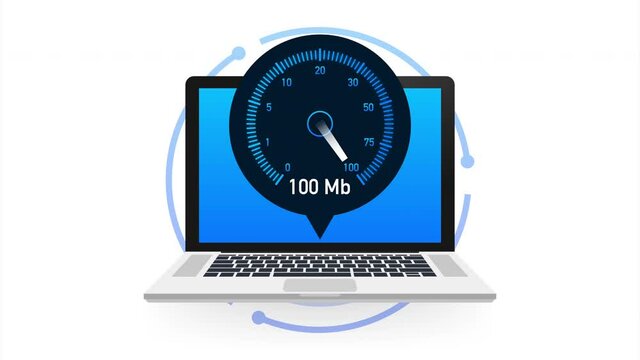 Speed test on laptop. Speedometer Internet Speed 100 mb. Website speed loading time. illustration.