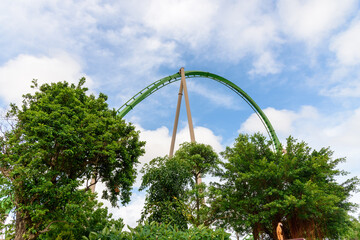 thrill ride, roller coaster behind the trees in the park