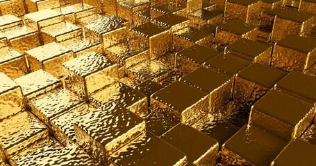 chaotic abstract golden  cubes, panoramic image