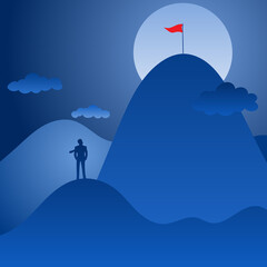 businessman looking at the top of the mountain with red flag in the blue background illustration vector. Motivation business concept.