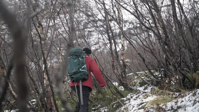 Hiker Clambering Up Hill In Snow