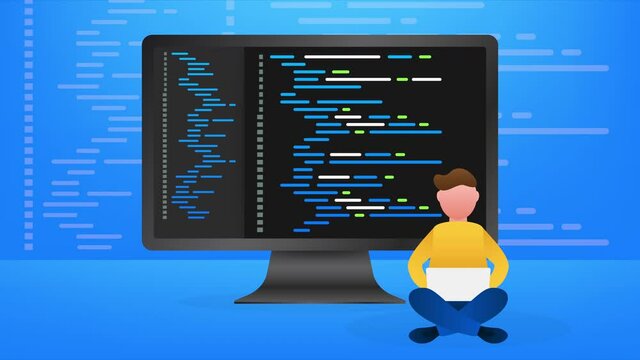 Digital java code text. Computer software coding concept. Programming coding script java, digital program code with boy on screen illustration. stock illustration.