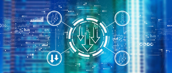 Descending arrows with downtown skyline buildings in the night