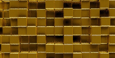 Abstract golden wall background from cubes, panoramic image
