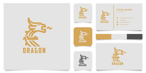 Simple and minimalist gold bold line dragon logo with icon, color palette, and business card