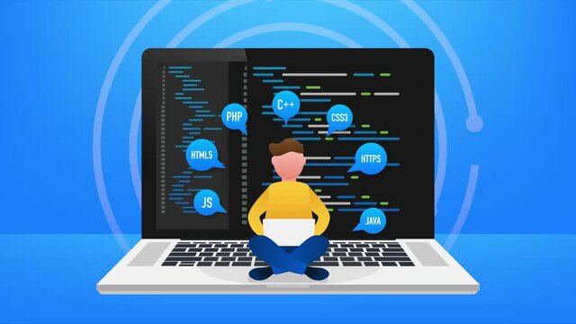 Digital java code text. Computer software coding concept. Programming coding script java, digital program code with boy on screen illustration. stock illustration.