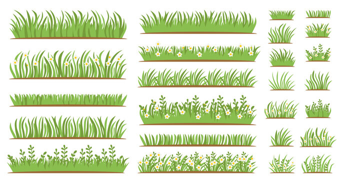 Green Grass Flat Icon Set. Isolated On White Background, Leaf Borders, Flower Elements, Nature Background Vector Illustration. Green Land Concept For Template Design