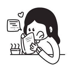 hand drawn kawaii girl reading book cartoon design